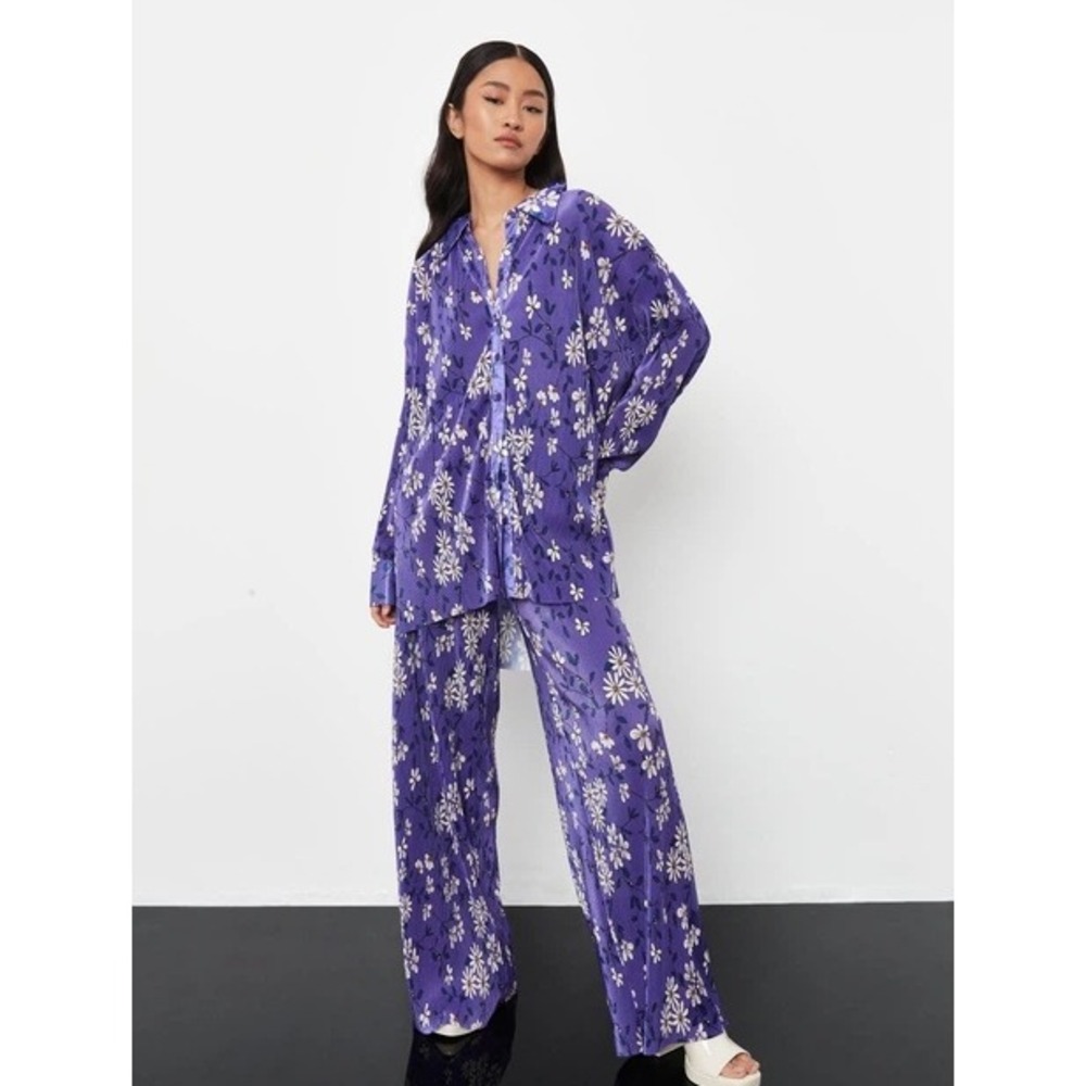 Missguided Plisse Wide Leg Pants Shirt Set Womens Size 4/2 Purple Floral Co-Ord